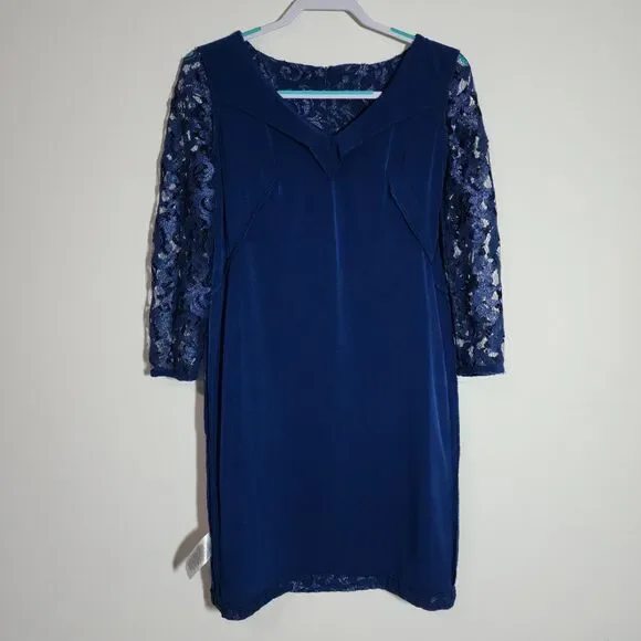 Lauren Ralph Lauren Womens Lace Sheath Dress Size 4 Blue V-Neck Holiday Party - Picture 3 of 9
